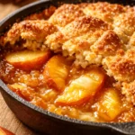 Golden, juicy peach cobbler that bakes its own crust, showing bubbly fruit filling and a crisp buttery top