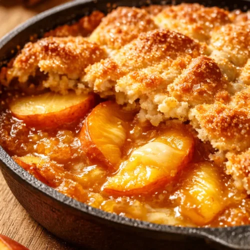 Golden, juicy peach cobbler that bakes its own crust, showing bubbly fruit filling and a crisp buttery top