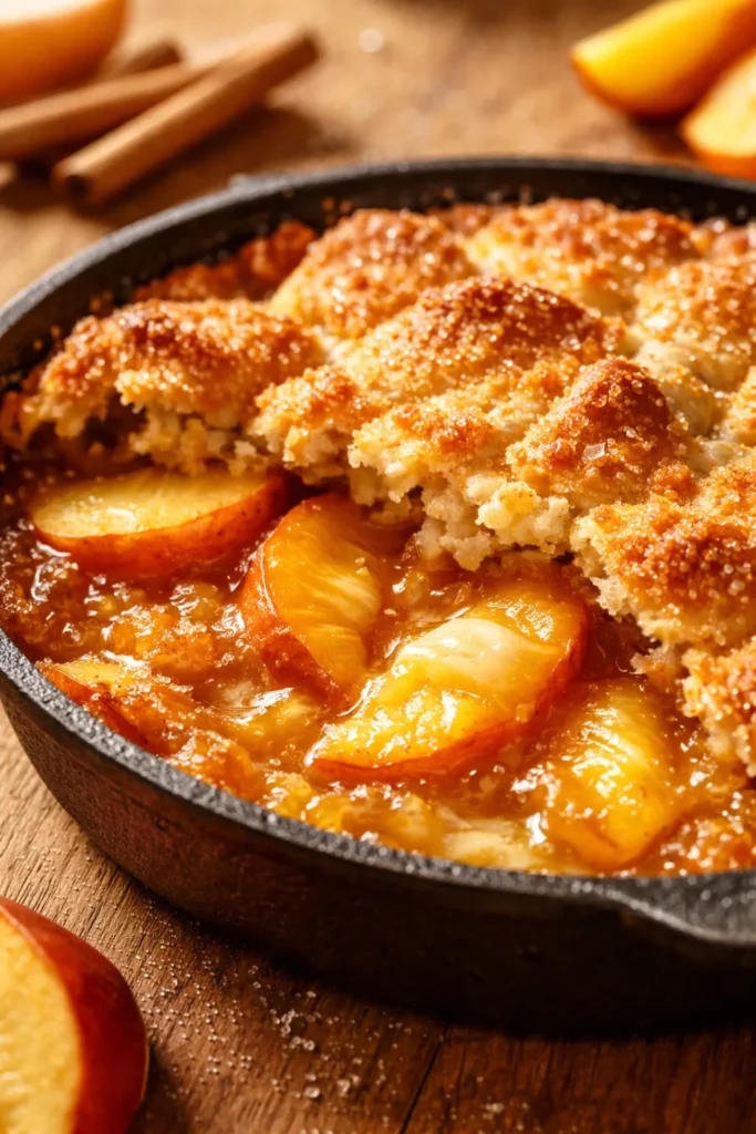 Golden, juicy peach cobbler that bakes its own crust, showing bubbly fruit filling and a crisp buttery top