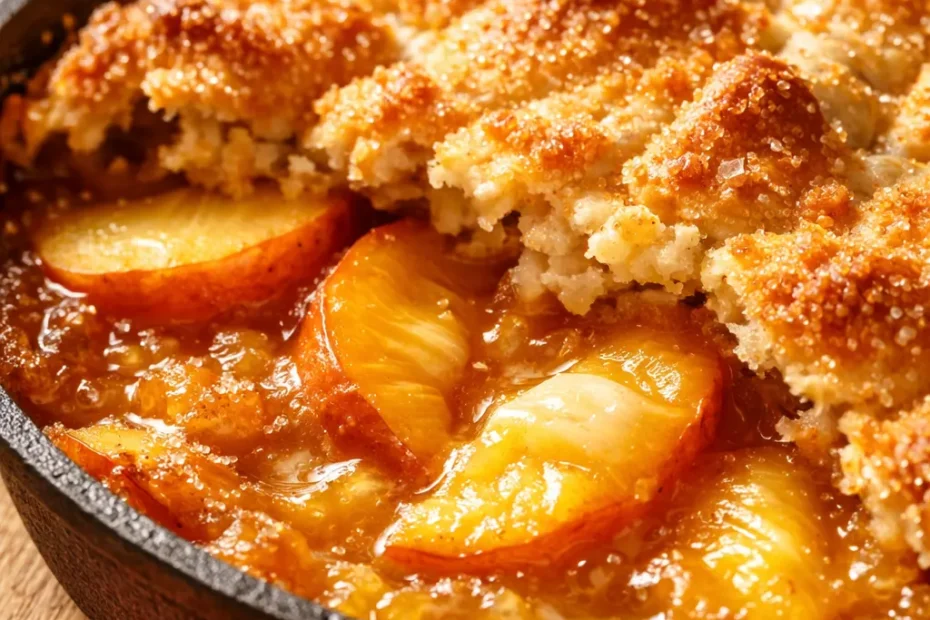 Golden, juicy peach cobbler that bakes its own crust, showing bubbly fruit filling and a crisp buttery top