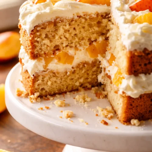 Moist yellow layer cake with creamy vanilla frosting and juicy peach slices, topped with fresh peaches and cream drizzle
