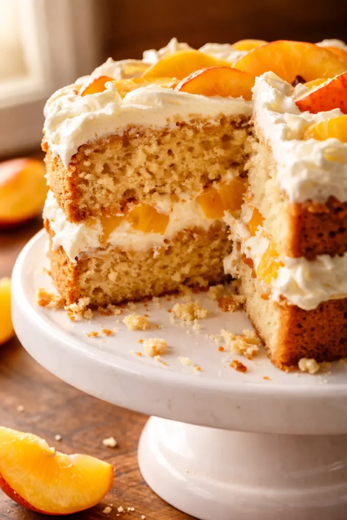 Moist yellow layer cake with creamy vanilla frosting and juicy peach slices, topped with fresh peaches and cream drizzle