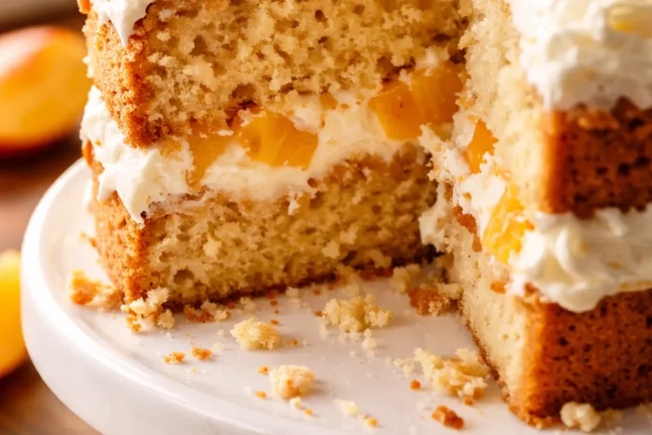 Moist yellow layer cake with creamy vanilla frosting and juicy peach slices, topped with fresh peaches and cream drizzle