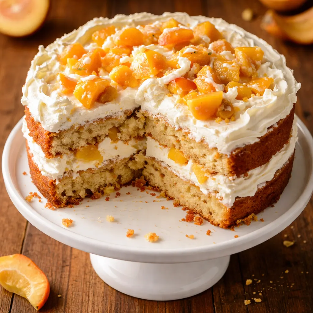 Layers of fluffy vanilla cake with fresh peach slices and creamy frosting being stacked on a white cake stand