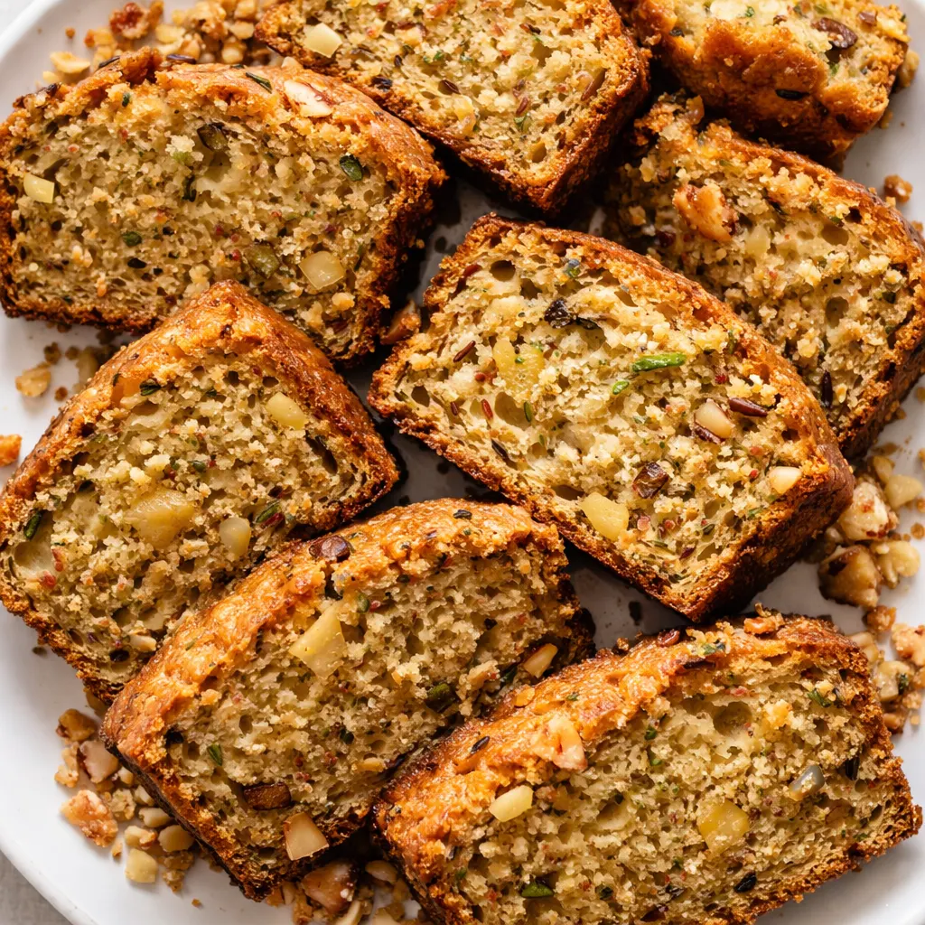 Pouring pina colada zucchini bread batter into greased loaf pan, showing pineapple chunks and shredded green zucchini