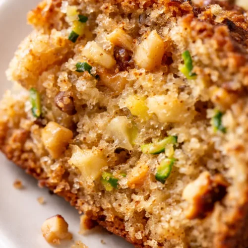 Moist golden pina colada zucchini bread loaf sliced on a wooden board, showing green zucchini flecks and shredded coconut topping