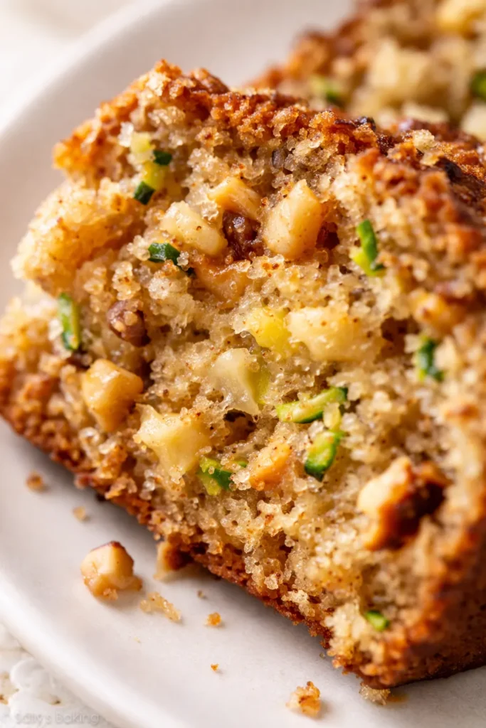 Moist golden pina colada zucchini bread loaf sliced on a wooden board, showing green zucchini flecks and shredded coconut topping