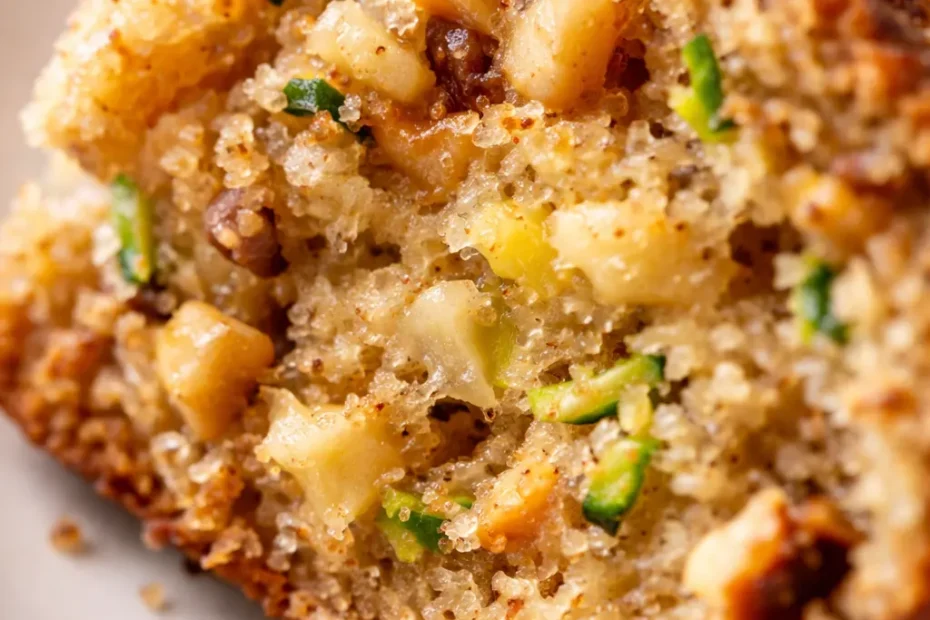Moist golden pina colada zucchini bread loaf sliced on a wooden board, showing green zucchini flecks and shredded coconut topping