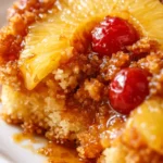 Perfectly caramelized pineapple upside down cake with maraschino cherries on a white cake stand, golden brown and sticky glaze