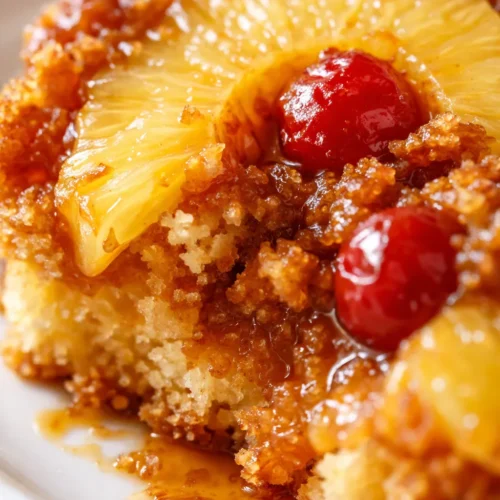 Perfectly caramelized pineapple upside down cake with maraschino cherries on a white cake stand, golden brown and sticky glaze