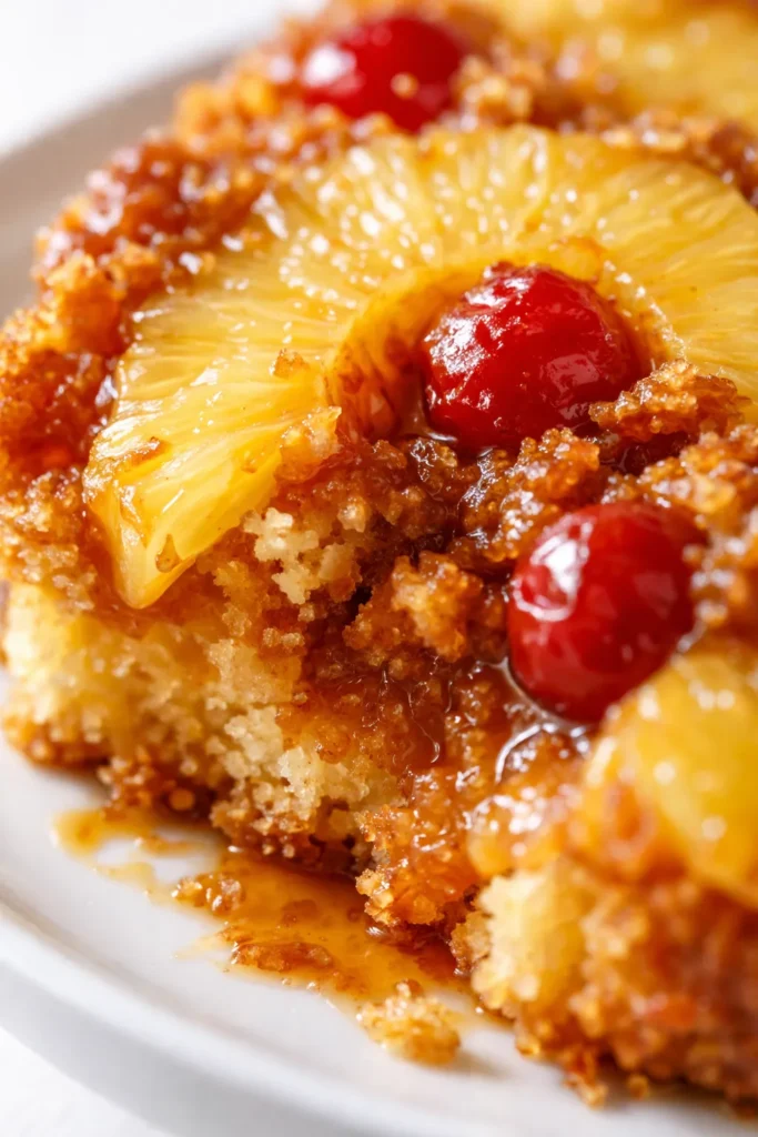 Perfectly caramelized pineapple upside down cake with maraschino cherries on a white cake stand, golden brown and sticky glaze