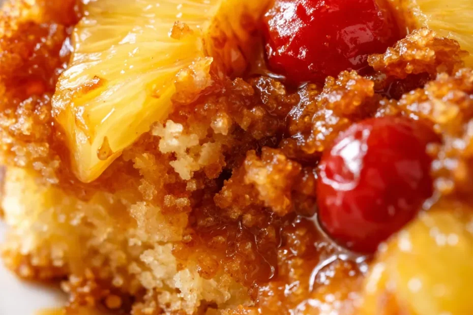 Perfectly caramelized pineapple upside down cake with maraschino cherries on a white cake stand, golden brown and sticky glaze