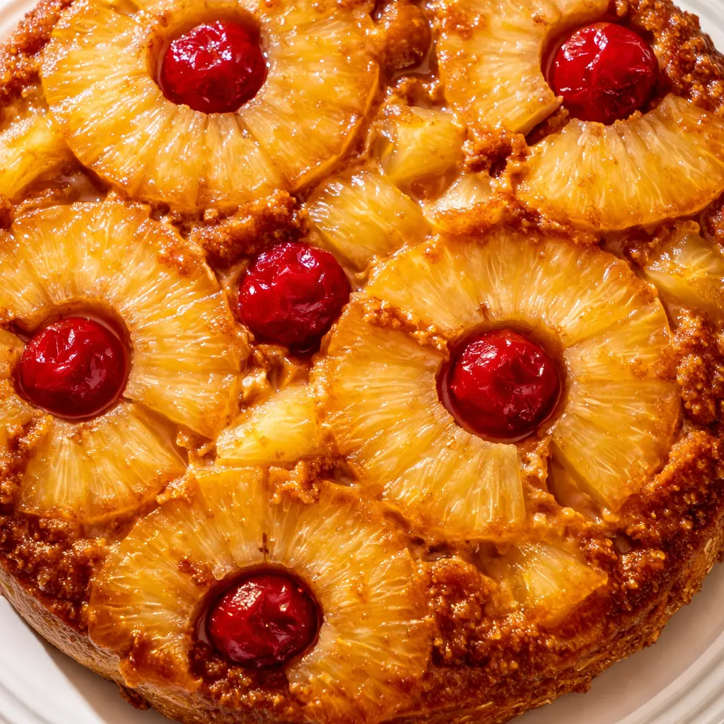 Golden caramelized pineapple rings and a bright cherry on top of a moist yellow cake with sticky brown sugar glaze