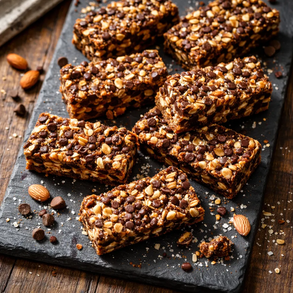 Hands pressing sticky nut and puffed rice mixture into a lined baking pan, ensuring the bars hold together