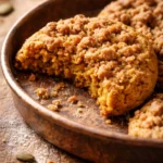 Golden pumpkin coffee cake cookies with crumb topping on a white plate, soft and spiced with pumpkin pie spice
