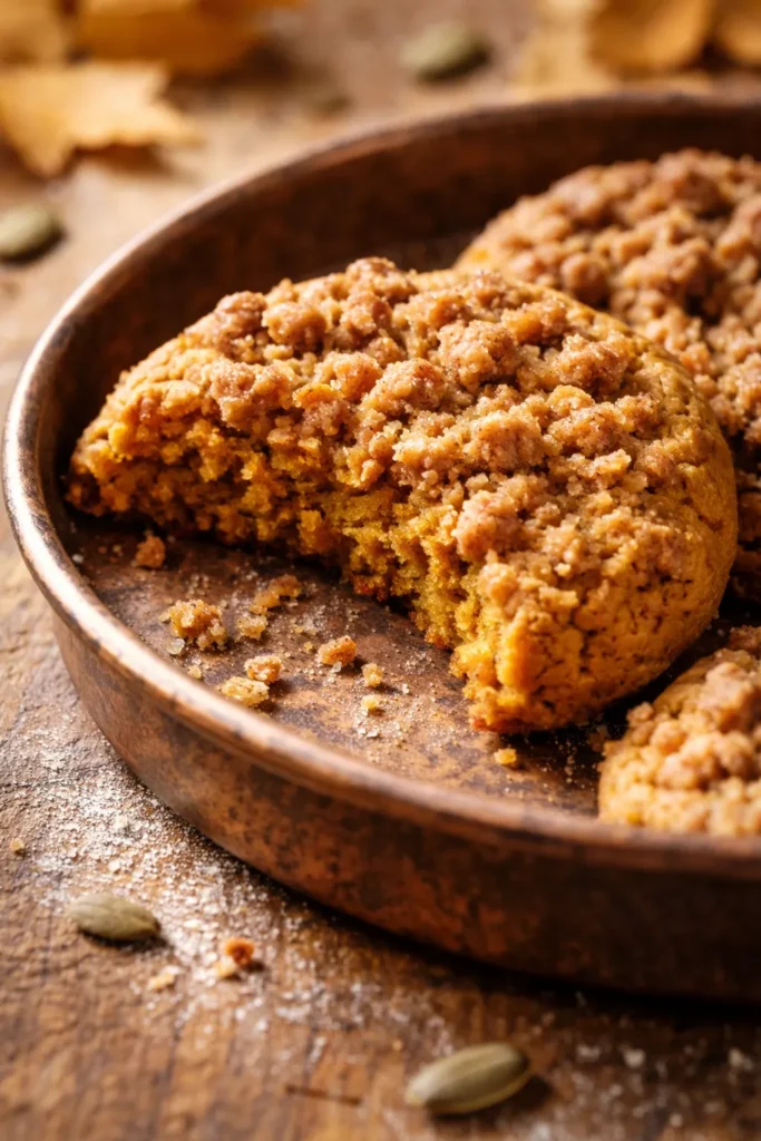 Golden pumpkin coffee cake cookies with crumb topping on a white plate, soft and spiced with pumpkin pie spice