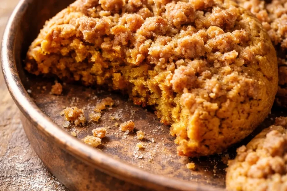 Golden pumpkin coffee cake cookies with crumb topping on a white plate, soft and spiced with pumpkin pie spice