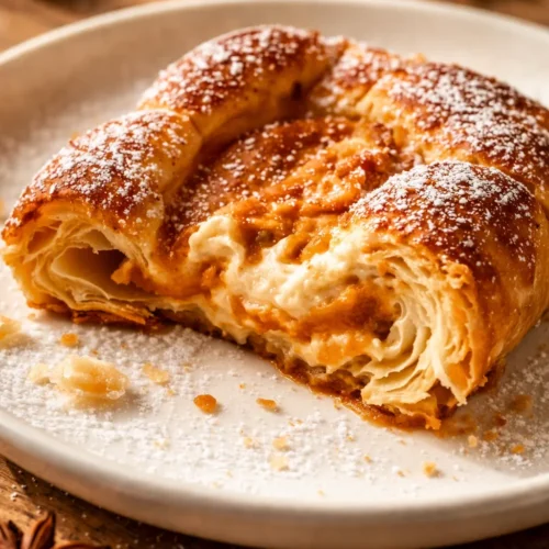 Golden brown flaky puff pastry danish with creamy pumpkin filling and swirls of cream cheese, dusted with powdered sugar