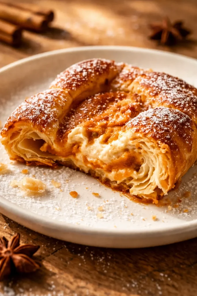 Golden brown flaky puff pastry danish with creamy pumpkin filling and swirls of cream cheese, dusted with powdered sugar