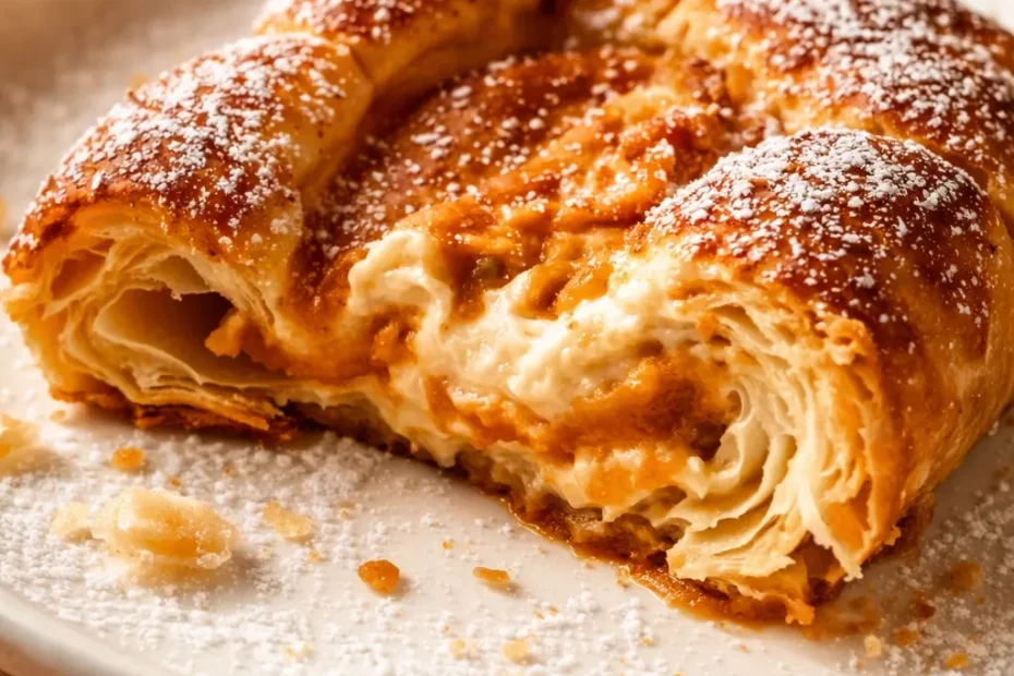 Golden brown flaky puff pastry danish with creamy pumpkin filling and swirls of cream cheese, dusted with powdered sugar