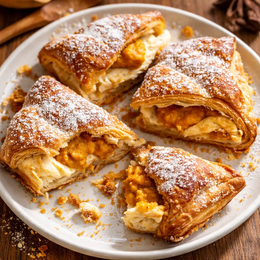 Spooning creamy pumpkin cream cheese filling onto flaky puff pastry squares before baking, showing the smooth orange mixture