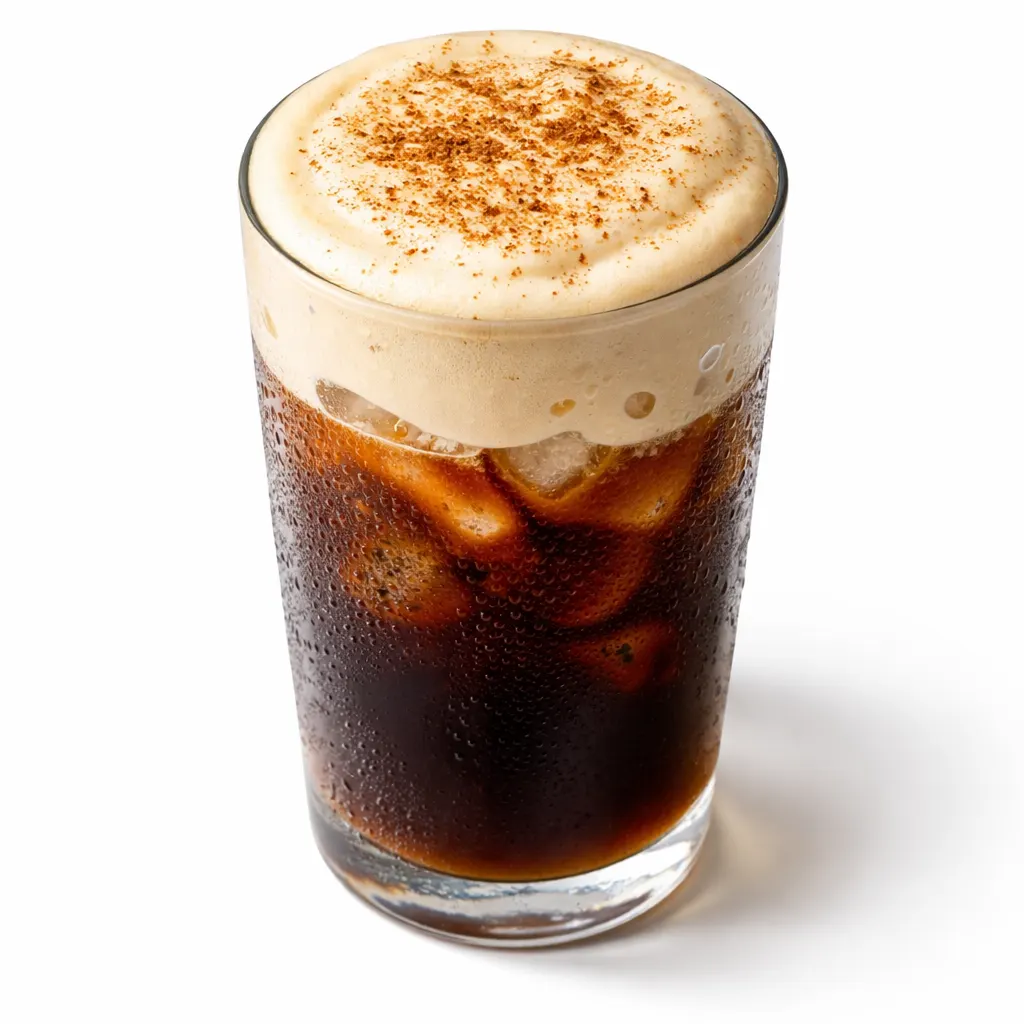 Velvety pumpkin cream cascading into a glass of cold brew coffee, creating a creamy, layered pumpkin cream cold brew.