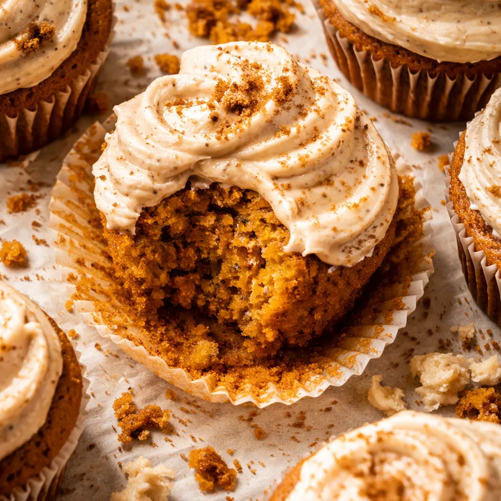 Piping creamy brown sugar cream cheese frosting onto pumpkin cupcakes, showing orange crumb and smooth swirls