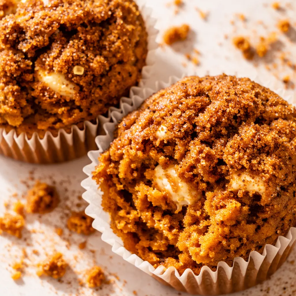 Creamy brown sugar cream cheese frosting piped onto a moist pumpkin cupcake with warm fall spices
