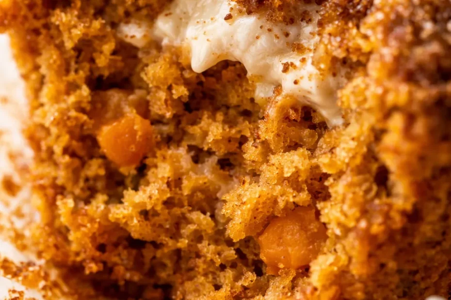 Pumpkin cupcake topped with creamy brown sugar cream cheese frosting, showing its moist crumb and warm fall colors