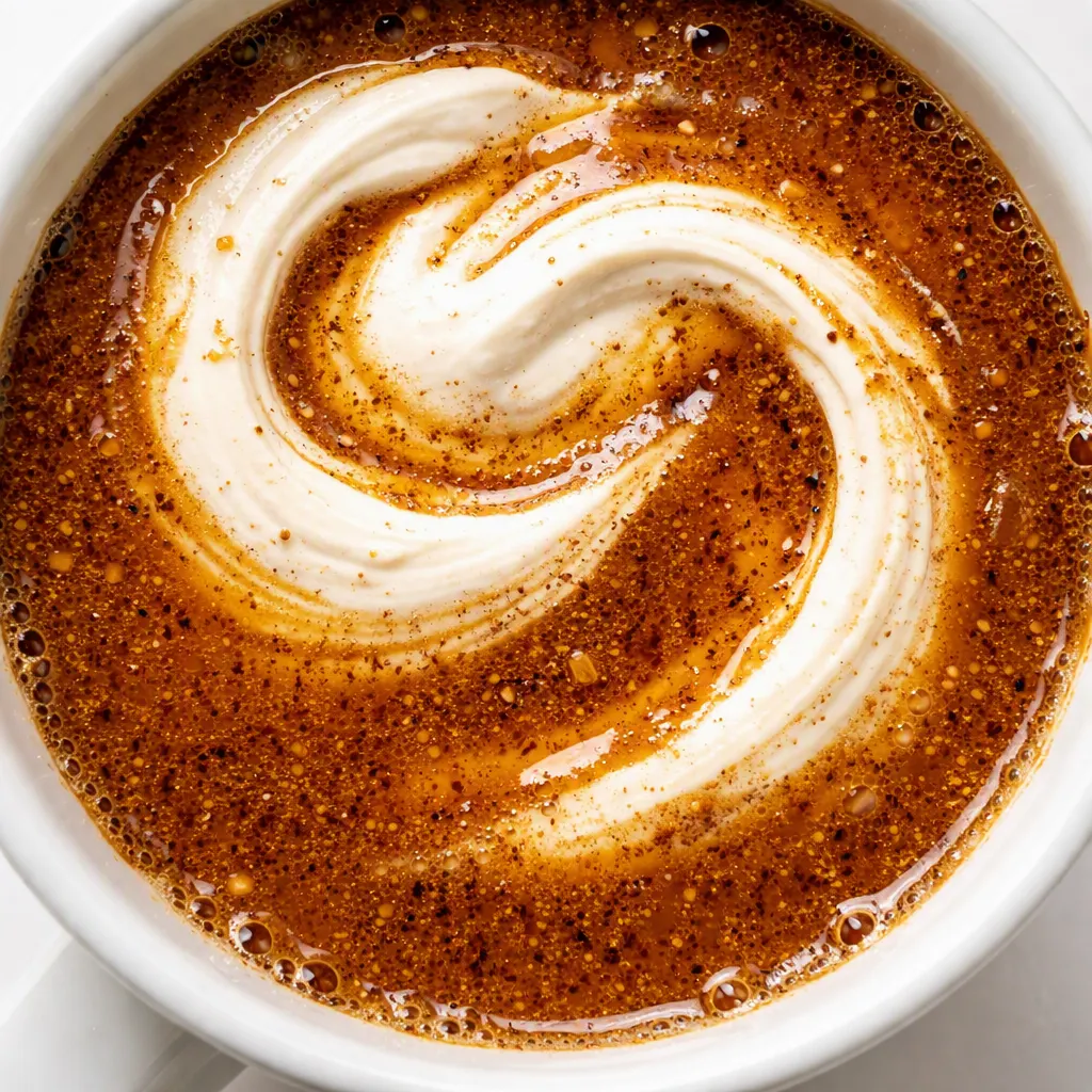 Stirring pumpkin marshmallow coffee syrup in a saucepan, glossy amber texture with marshmallow cream swirling in