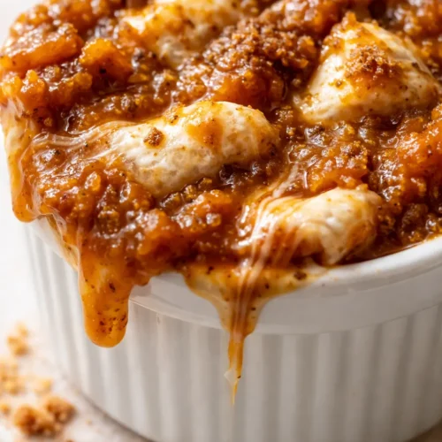Thick glossy pumpkin marshmallow sauce in a glass jar, showing rich orange-brown color and smooth texture