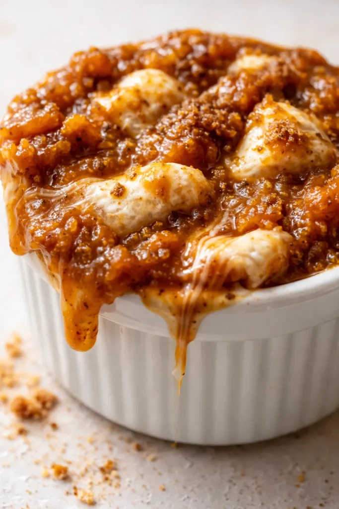 Thick glossy pumpkin marshmallow sauce in a glass jar, showing rich orange-brown color and smooth texture