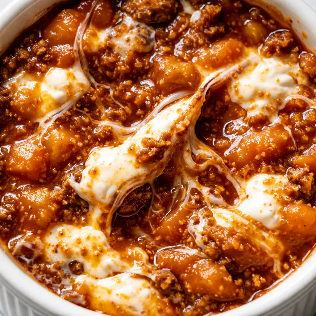 Thick orange-brown pumpkin marshmallow sauce being stirred in a saucepan, glossy texture with hints of pumpkin spice
