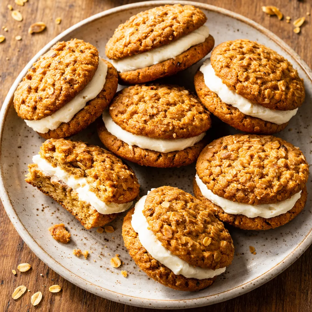 Soft pumpkin oatmeal cookie with maple buttercream spread on top, golden and creamy, ready to sandwich