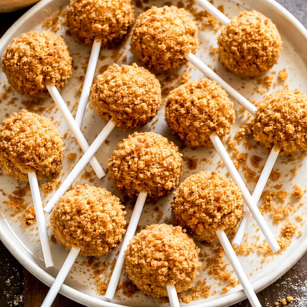 Dipping pumpkin pie cake pops into melted white chocolate, showing smooth coating on round pops on lollipop sticks