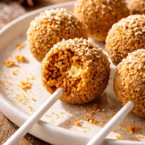 Golden pumpkin pie cake pops coated in white chocolate, smooth texture with festive fall sprinkles