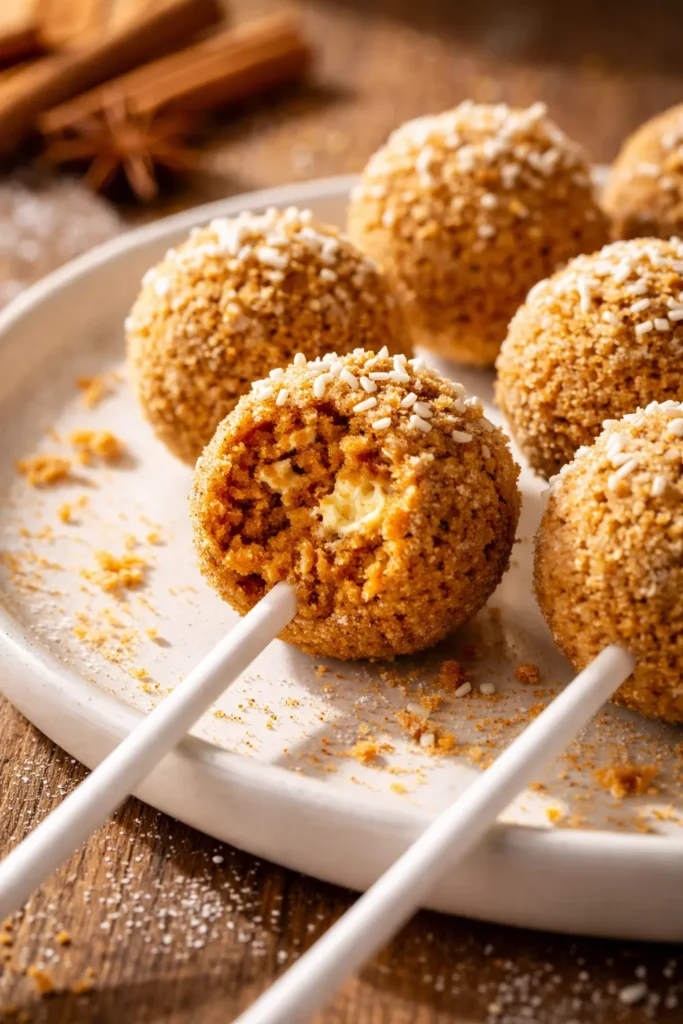 Golden pumpkin pie cake pops coated in white chocolate, smooth texture with festive fall sprinkles