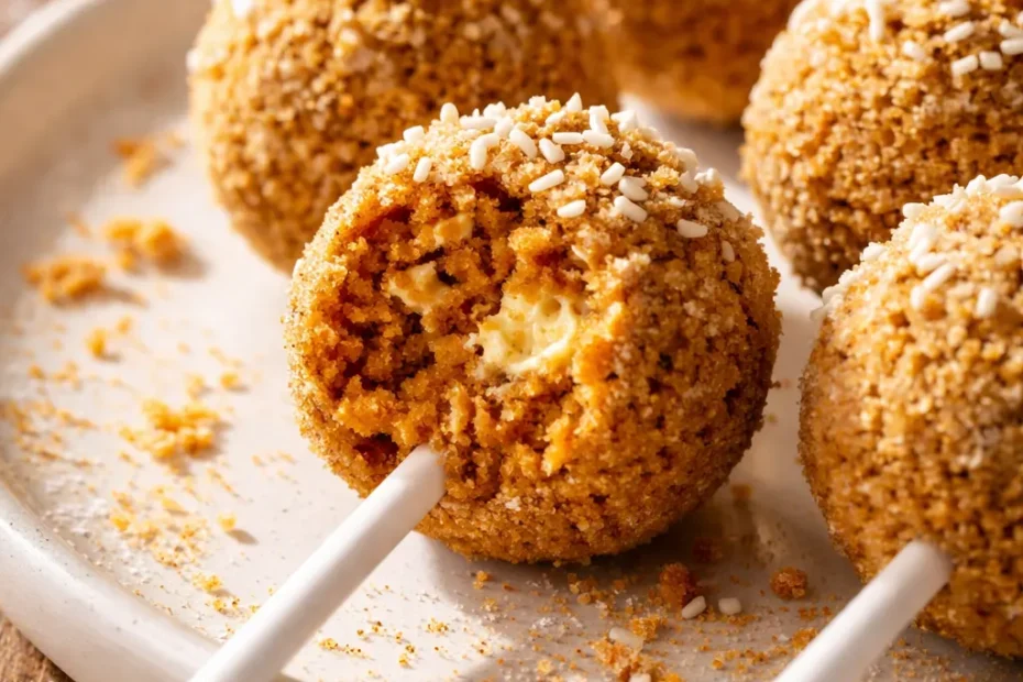 Golden pumpkin pie cake pops coated in white chocolate, smooth texture with festive fall sprinkles