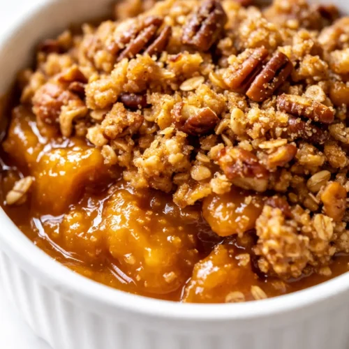 Golden pumpkin pie crisp with crunchy cinnamon streusel topping, creamy filling, and a warm, inviting look.