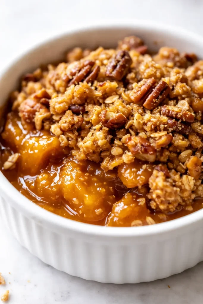 Golden pumpkin pie crisp with crunchy cinnamon streusel topping, creamy filling, and a warm, inviting look.