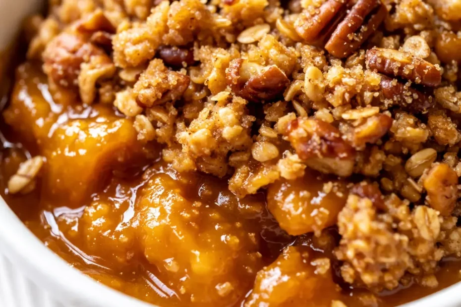 Golden pumpkin pie crisp with crunchy cinnamon streusel topping, creamy filling, and a warm, inviting look.