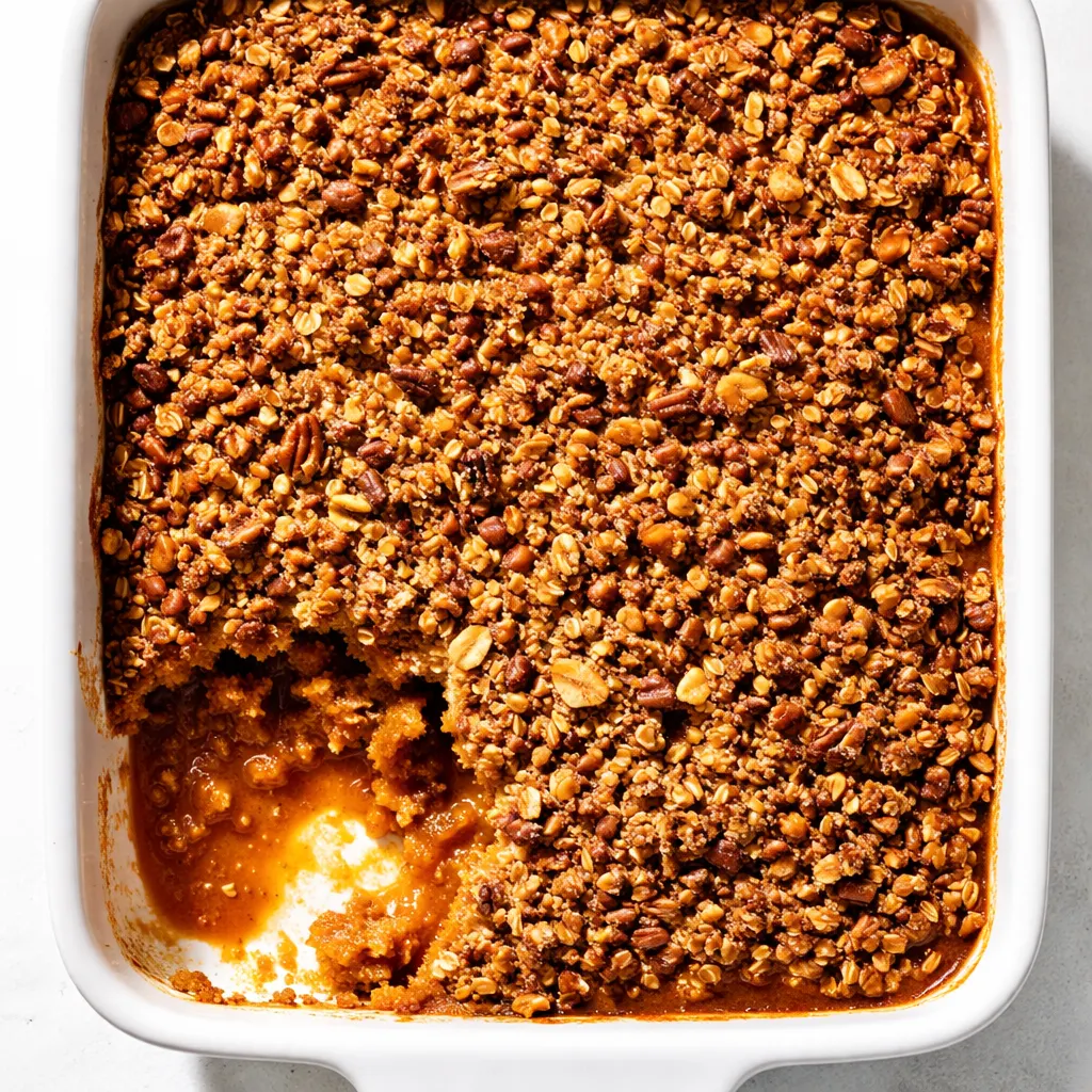 Buttery cinnamon streusel being sprinkled over smooth pumpkin pie crisp filling before baking.