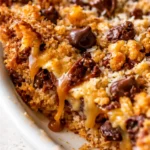 Warm Samoas cookie pie slice with toasted coconut, gooey caramel, and dark chocolate drizzle on a white plate, showing golden crust and melty toppings