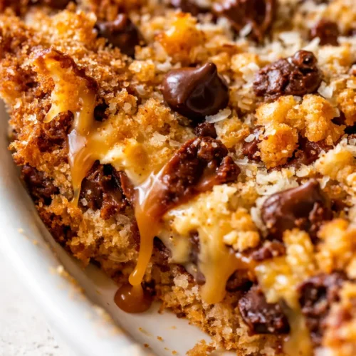 Warm Samoas cookie pie slice with toasted coconut, gooey caramel, and dark chocolate drizzle on a white plate, showing golden crust and melty toppings