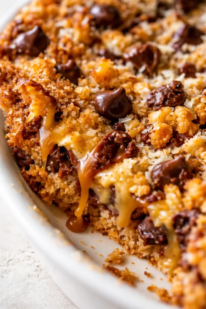 Warm Samoas cookie pie slice with toasted coconut, gooey caramel, and dark chocolate drizzle on a white plate, showing golden crust and melty toppings