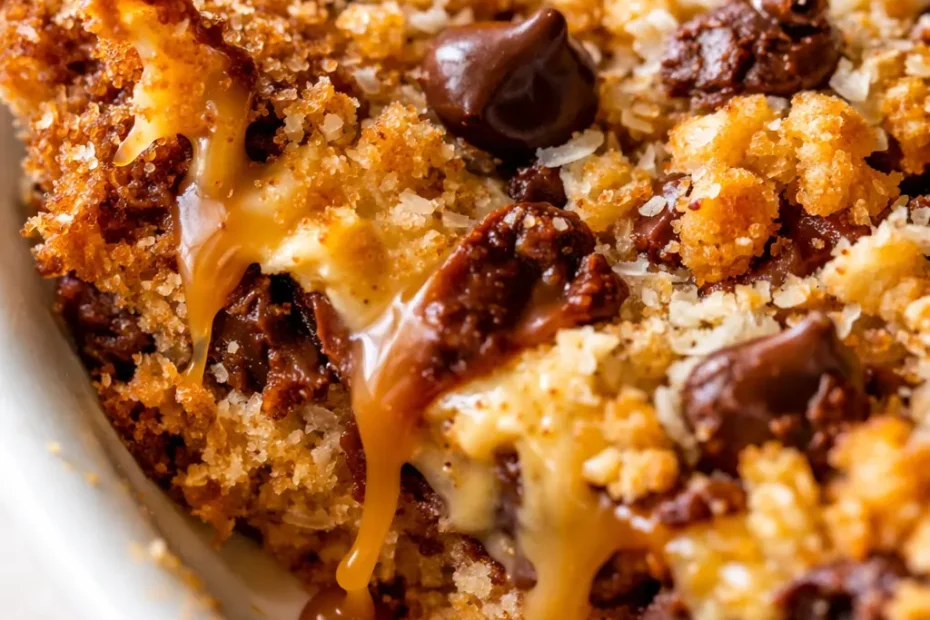 Warm Samoas cookie pie slice with toasted coconut, gooey caramel, and dark chocolate drizzle on a white plate, showing golden crust and melty toppings