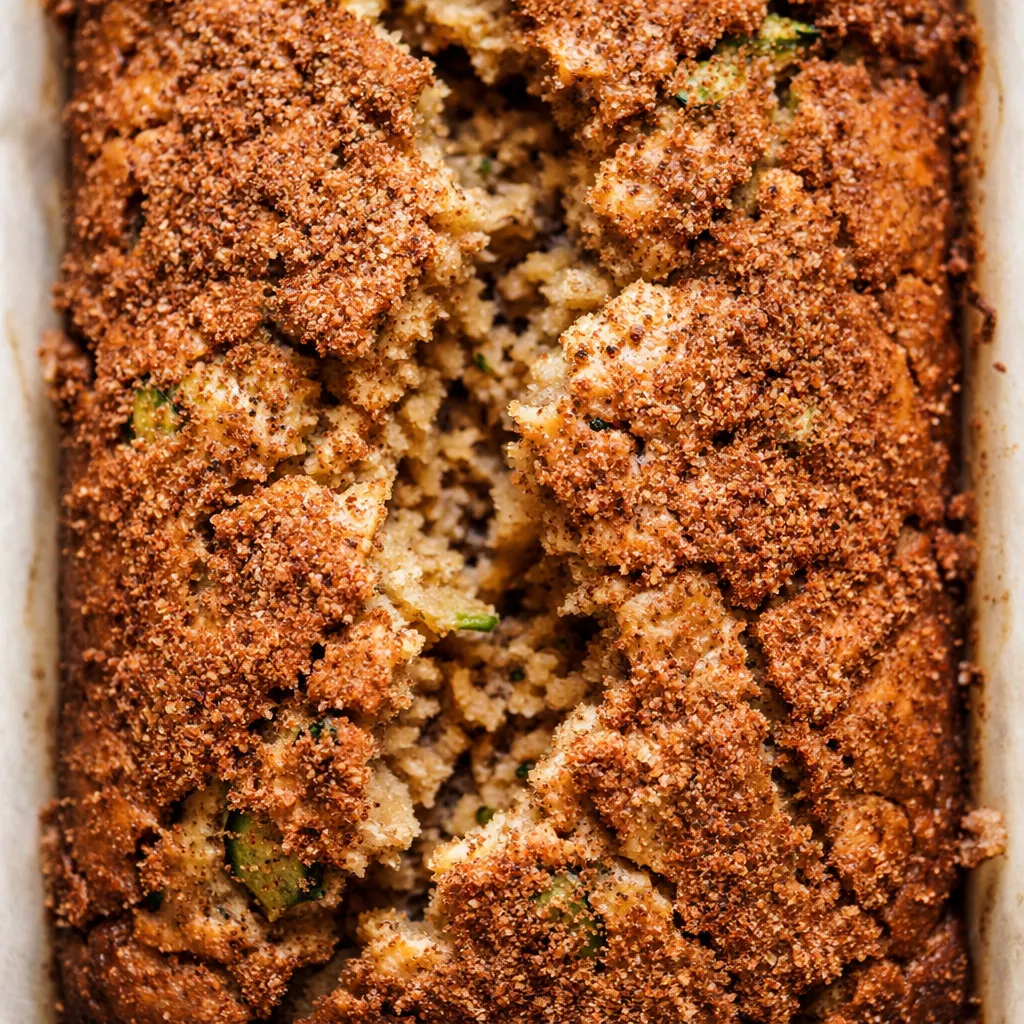 Layering cinnamon-sugar swirl on thick, moist zucchini bread batter in a loaf pan, marbled pattern visible