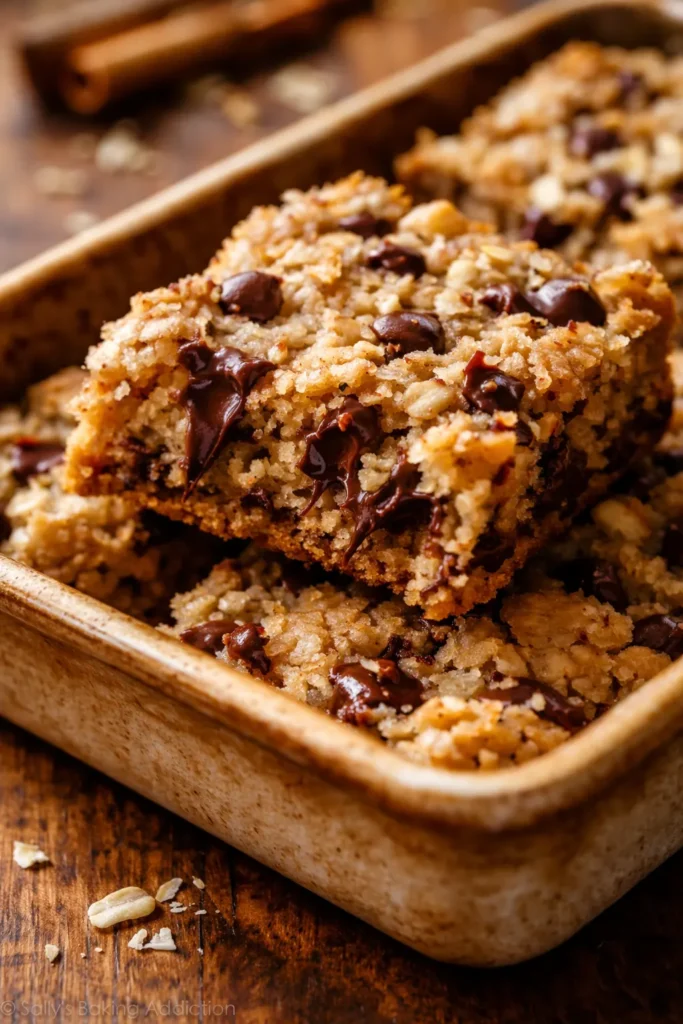 Golden brown oatmeal chocolate chip bars with melted chocolate chips, soft and chewy texture on a white plate