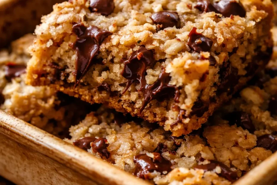 Golden brown oatmeal chocolate chip bars with melted chocolate chips, soft and chewy texture on a white plate