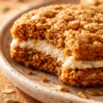 Golden pumpkin oatmeal sandwich cookies with creamy maple buttercream filling stacked on a rustic plate, showing soft crumbly texture and a drizzle of maple glaze